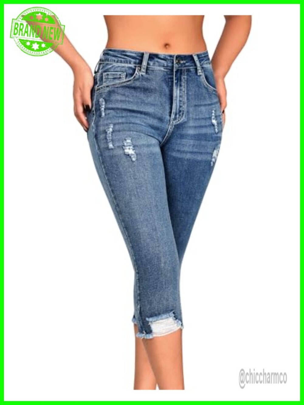 Women's Capri Mid Rise Skinny Ripped Stretchy Cropped Distressed Jeans
